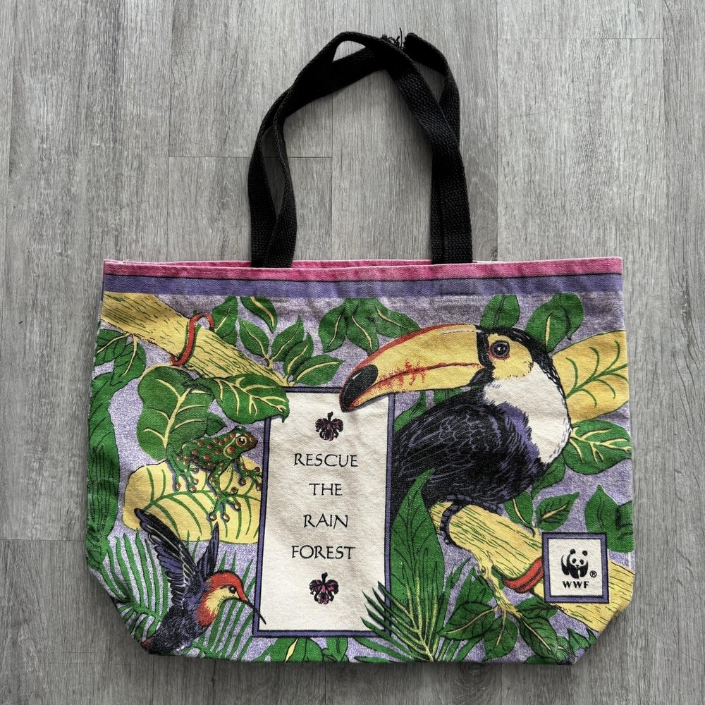 Vintage Tote Bag Multicolor Save The Rainforest Toucan Butterfly Canvas Tropical
